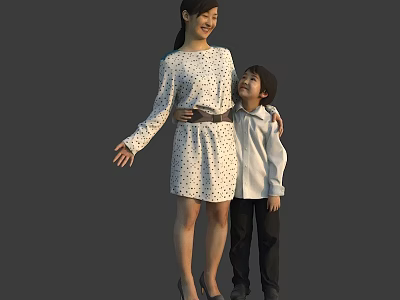 Woman in Polka Dot Dress With Belt Hugging Child in White Shirt and Black Pants 3d model