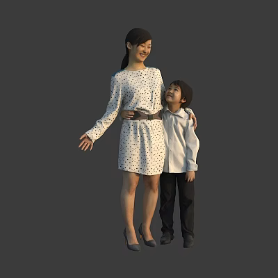 Woman in Polka Dot Dress With Belt Hugging Child in White Shirt and Black Pants 3d model