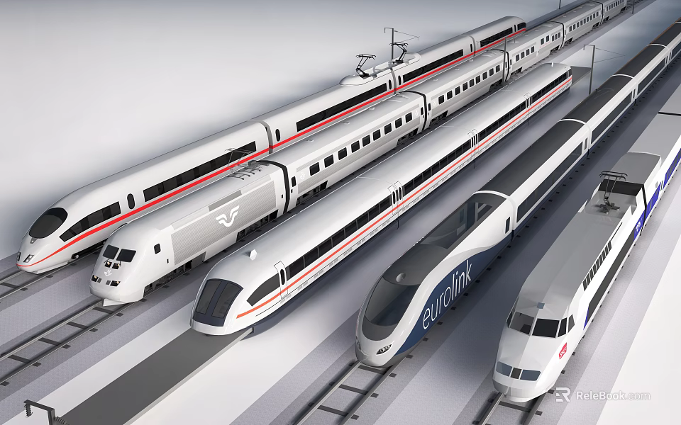 Collection Of Modern High Speed Train Models On Rail Tracks 3d model 