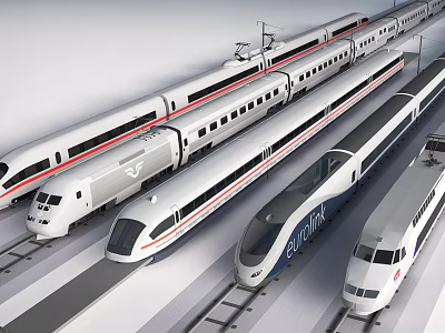 Collection Of Modern High Speed Train Models On Rail Tracks 3d model