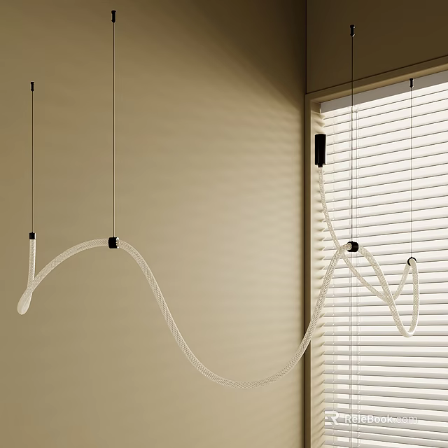 Modern Minimalist Curved White Tube Chandelier Hanging with Black Connectors in Interior with Window Blinds 3d model 