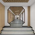 Elegant Hotel Corridor with Wooden Slat Ceiling Circular Artwork Wall Lamps and Gray Floors
