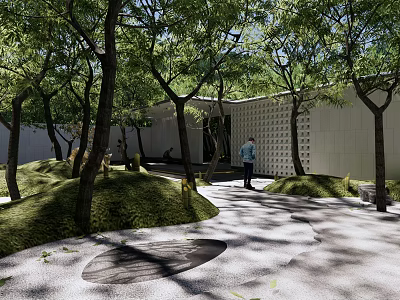 Serene Garden Landscape With Tall Trees Curved Pathway Grass Mounds And Perforated Wall 3d model