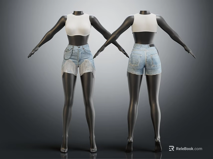 Model Wearing White Crop Top And Light Blue Denim Shorts Front And Back View 3d model
