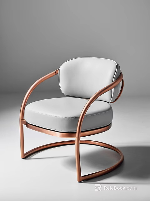 Modern Leisure Chair with Curved Copper Frame and White Padded Seat 3d model 