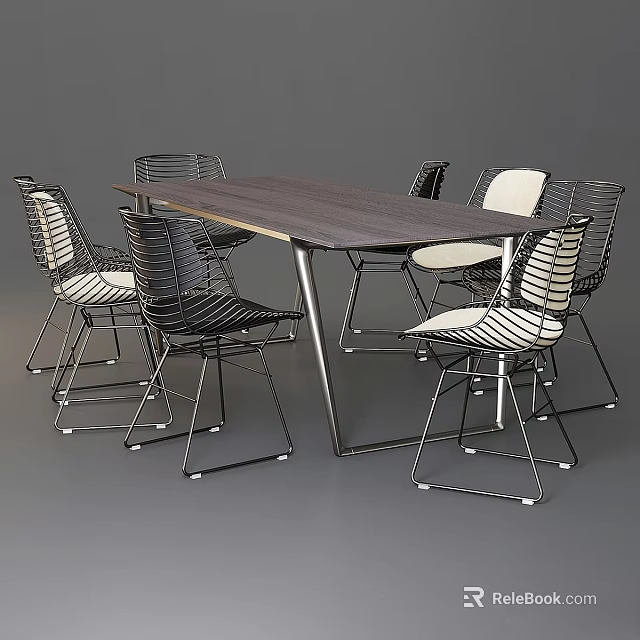 Modern Dining Table and Chairs with Wooden Top Metal Frame Woven Seats and Sleek Legs 3d model 