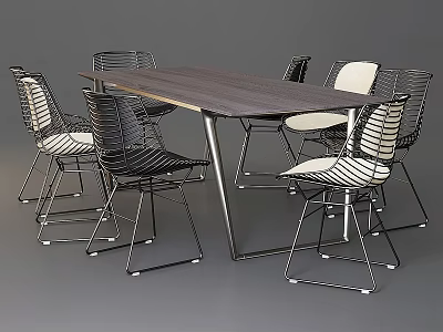 Modern Dining Table and Chairs with Wooden Top Metal Frame Woven Seats and Sleek Legs 3d model
