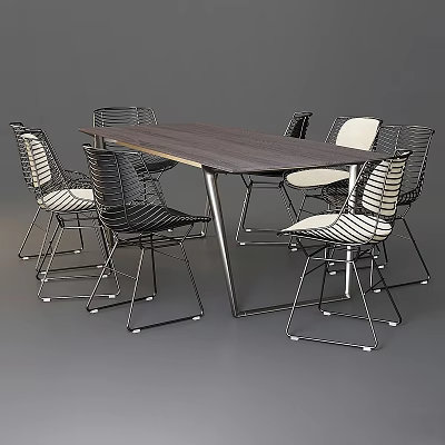 Modern Dining Table and Chairs with Wooden Top Metal Frame Woven Seats and Sleek Legs 3d model