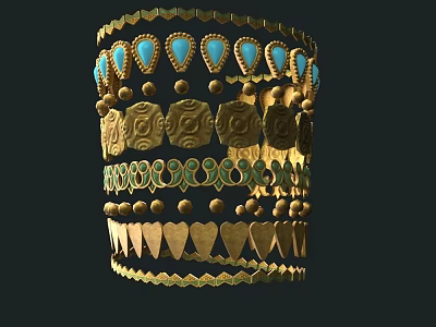 Golden Jewelry Piece With Blue Gemstones Decorative Patterns Beads Heart Shaped Designs And Zigzag Edges 3d model