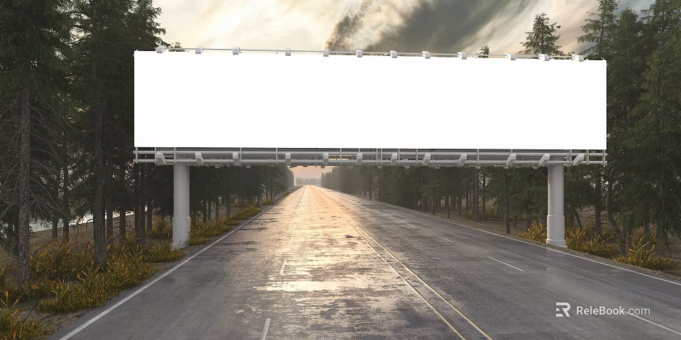 Large White Billboard Over Empty Road With Trees Along Sides And Sunset Sky Clouds 3d model 