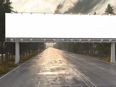 Large White Billboard Over Empty Road With Trees Along Sides And Sunset Sky Clouds 3d model