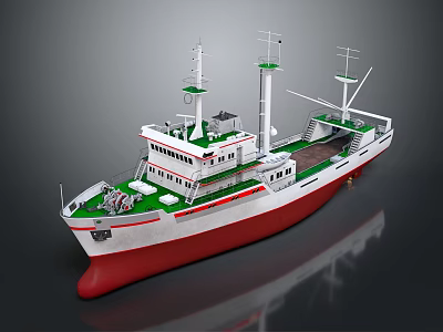 Detailed Wooden Ship With Red Bottom White Upper Structure Green Deck And Masts 3d model