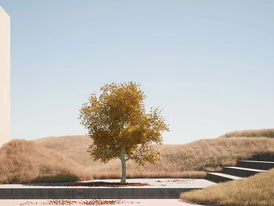 Yellow Leaved Tree as Garden Ornament with Grassland and Steps in Outdoor Area 3d model