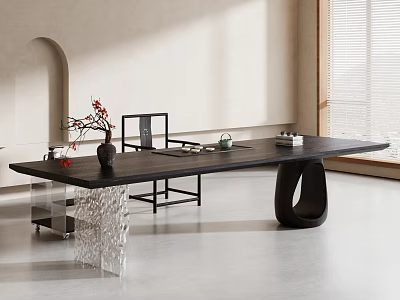 Modern Living Room Interior With Long Wooden Table Black Chairs And Decorative Vase 3d model