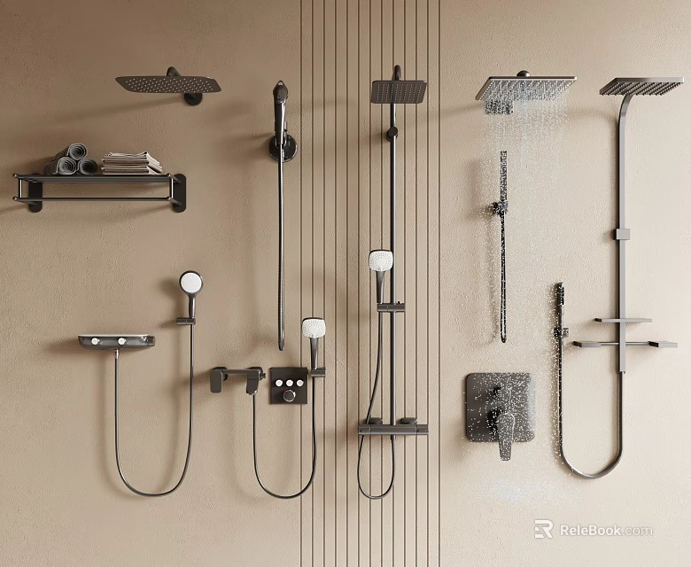 Modern Shower Systems With Rainfall Heads Handheld Sprayers Wall Mounted Shelves And Control Knobs 3d model