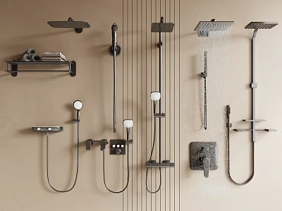 Modern Shower Systems With Rainfall Heads Handheld Sprayers Wall Mounted Shelves And Control Knobs 3d model