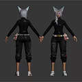 3D Fantasy Character Model with Horns Cat Ears Black Outfit Front Back View Details