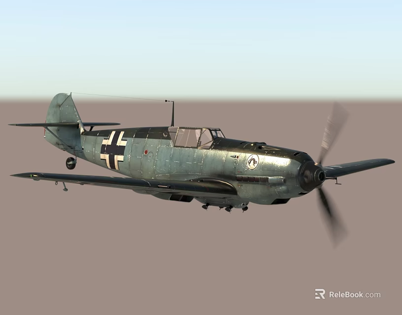 Vintage Green Fighter Plane With Spinning Propeller And Military Insignia In Flight 3d model 