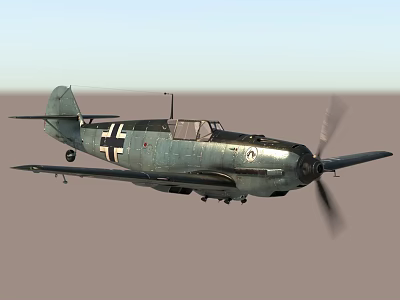 Vintage Green Fighter Plane With Spinning Propeller And Military Insignia In Flight 3d model