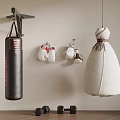 Home Gym Setup With Hanging Punching Bags Boxing Gloves And Dumbbells