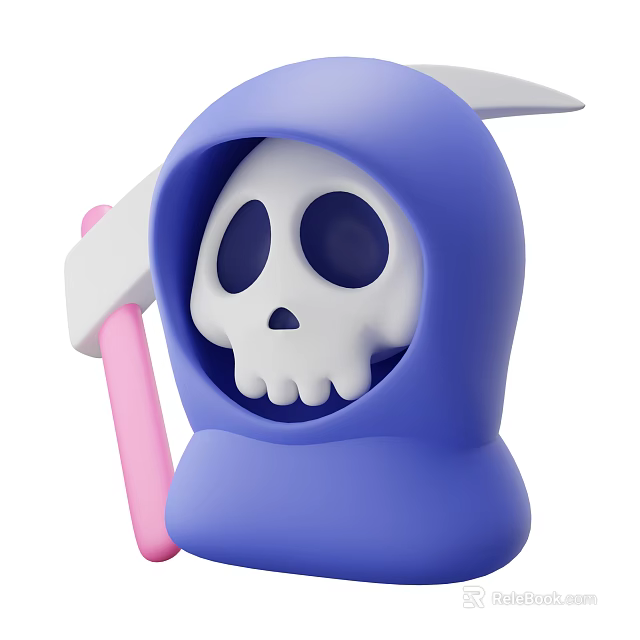 Game Movie Character in Blue Hood with White Skull Face Holding Pink Handle Scythe 3d model 