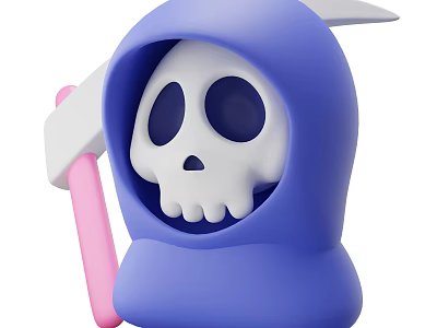 Game Movie Character in Blue Hood with White Skull Face Holding Pink Handle Scythe 3d model