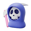 Game Movie Character in Blue Hood with White Skull Face Holding Pink Handle Scythe