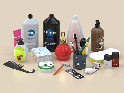 Variety Of Daily Life Items Shampoo Comb Medicine Skincare And More 3d model