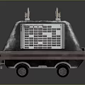 Metallic Exterior Vehicle With Top Mounted Structures Central Grid Panel And Wheels