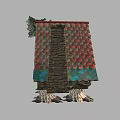 Cartoon Style House With Red Roof Green Walls Round Window Claw Legs And Pine Tree