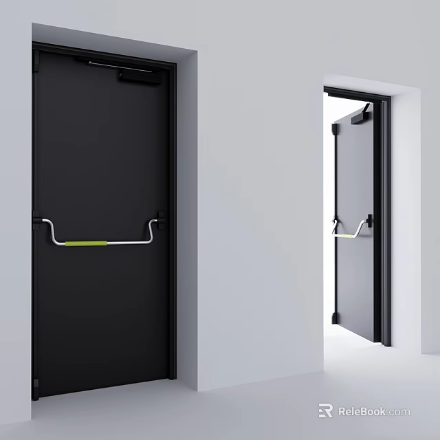 Black Swing Door with Silver Handle Green Detail in Open Closed States on White 3d model 