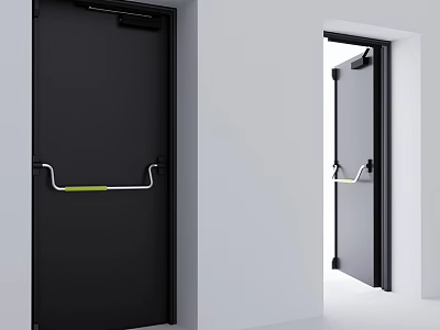 Black Swing Door with Silver Handle Green Detail in Open Closed States on White 3d model