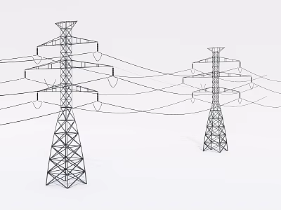 High Voltage Industrial Transmission Towers with Steel Lattice and Power Lines 3d model