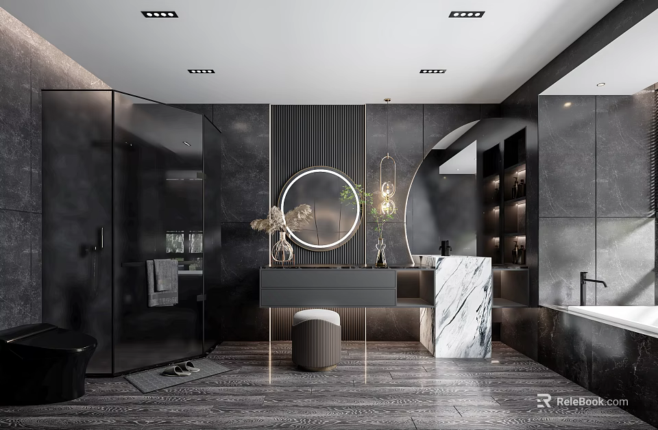 Modern Black Bathroom Interior Design With Round Mirror Marble Vanity And Bathtub 3d model 