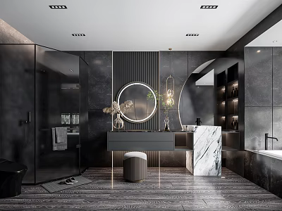 Modern Black Bathroom Interior Design With Round Mirror Marble Vanity And Bathtub 3d model