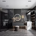 Modern Black Bathroom Interior Design With Round Mirror Marble Vanity And Bathtub