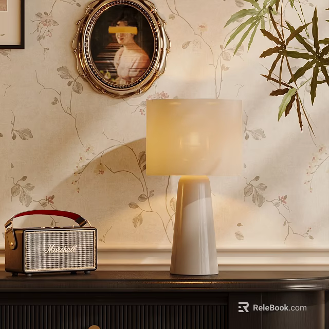 Elegant Table Lamp With Vintage Radio On Table By Floral Wallpaper And Plant 3d model 