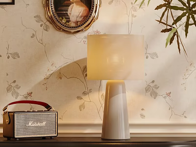 Elegant Table Lamp With Vintage Radio On Table By Floral Wallpaper And Plant 3d model