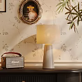 Elegant Table Lamp With Vintage Radio On Table By Floral Wallpaper And Plant