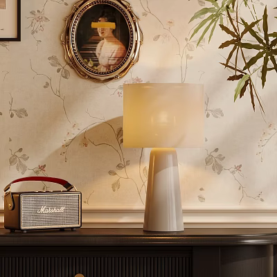 Elegant Table Lamp With Vintage Radio On Table By Floral Wallpaper And Plant 3d model