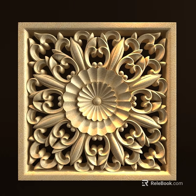 Intricate Floral Carving With Golden Scroll Patterns In Decorative Square Frame 3d model
