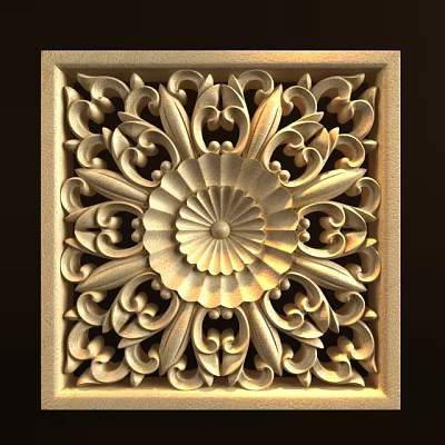 Intricate Floral Carving With Golden Scroll Patterns In Decorative Square Frame 3d model
