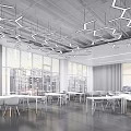 Modern Conference Room Interior With Large Screen White Chairs And Square Ceiling Design