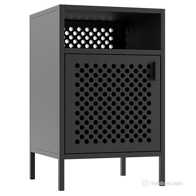 Modern Black Bedside Table With Perforated Dot Design And Metal Legs 3d model 