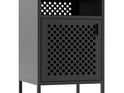 Modern Black Bedside Table With Perforated Dot Design And Metal Legs 3d model