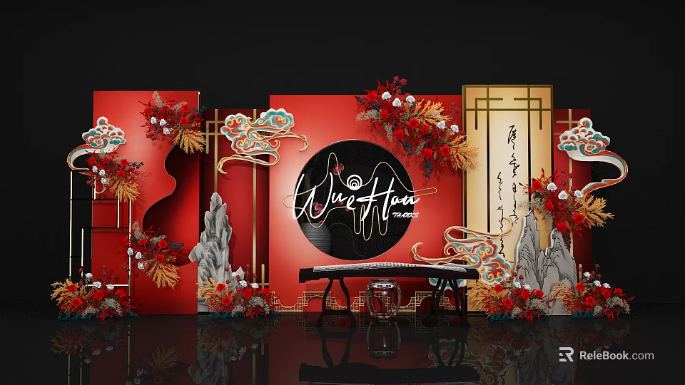 Traditional Chinese Wedding Decoration With Red Background Golden Clouds Round Ornament Floral Decor And Guqin 3d model 