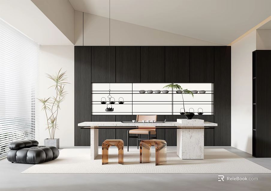 Modern Tea Room Interior Design With Wooden Furniture Tea Sets And Decorative Plants 3d model 