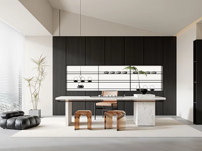 Modern Tea Room Interior Design With Wooden Furniture Tea Sets And Decorative Plants 3d model