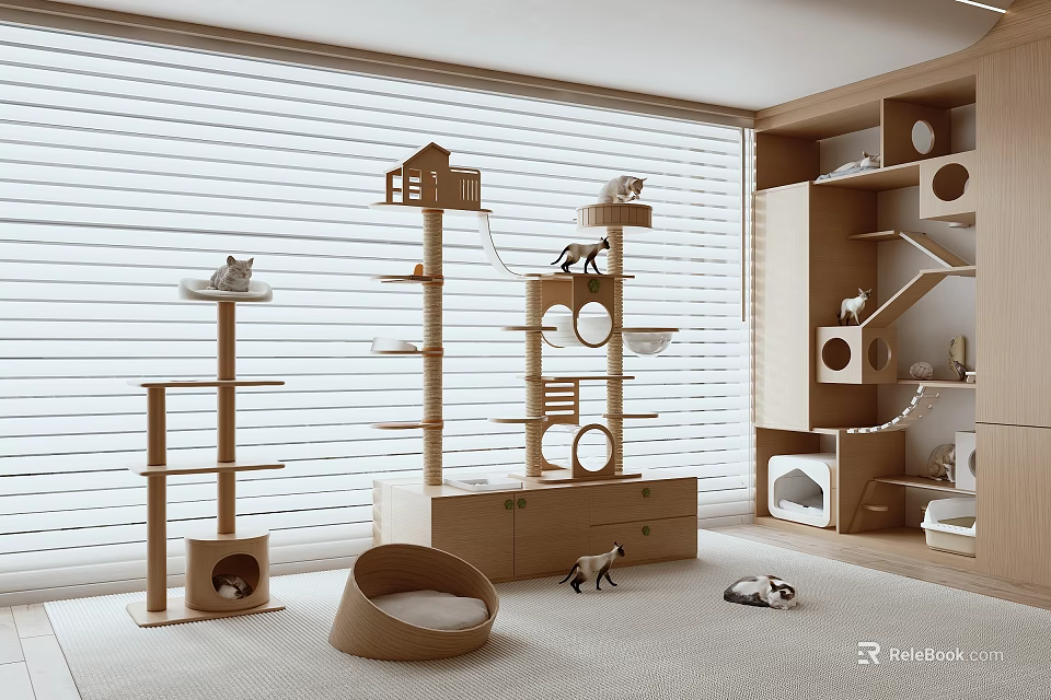 Indoor Wooden Cat Play Area With Trees Beds And Toys Near Blinds 3d model 