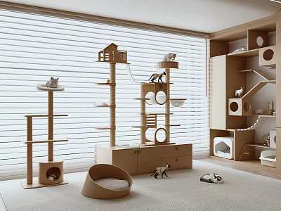 Indoor Wooden Cat Play Area With Trees Beds And Toys Near Blinds 3d model